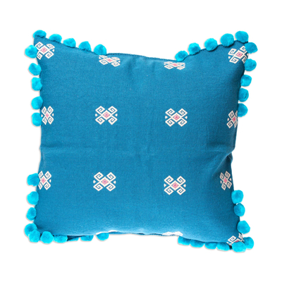 Blue Cotton Cushion Cover with Pompoms Handloomed in Mexico