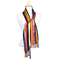 Cotton scarf, 'Rainbow Chiapas Accent' - Multicolored Handwoven Cotton Scarf with Fringe from Mexico