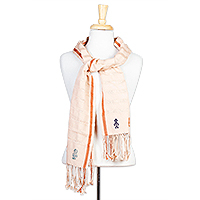 Cotton scarf, 'Peach Chiapas Accent' - Light Peach Hand Woven Cotton Scarf with Fringe from Mexico