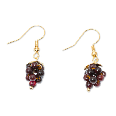 Garnet dangle earrings, 'Sweet Red Grapes' - Garnet Bead Cluster Earrings on 14k Gold Plating