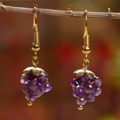 Amethyst dangle earrings, 'Sweet Purple Grapes' - Amethyst Bead Cluster Earrings on 14K Gold Plating