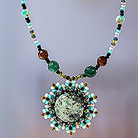 Chrysocolla and agate pendant necklace, 'Night Sun' - Agate Chrysocolla and Glass Beaded Necklace from Mexico