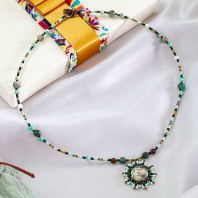 Chrysocolla and agate pendant necklace, 'Night Sun' - Agate Chrysocolla and Glass Beaded Necklace from Mexico