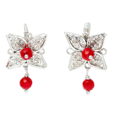 Filigree Flower Button Earrings with Red Crystal Beads