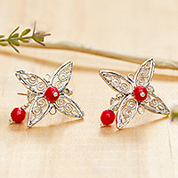 Sterling silver button earrings, 'Filigree Petals' - Filigree Flower Button Earrings with Red Crystal Beads
