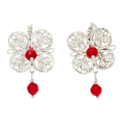 Filigree Clover Button Earrings with Red Crystal Beads