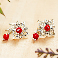 Sterling silver button earrings, 'Filigree Spirals' - Filigree Flower Button Earrings with Red Crystal Beads