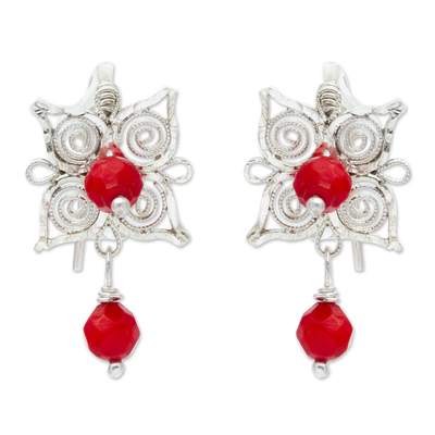 Filigree Flower Button Earrings with Red Crystal Beads