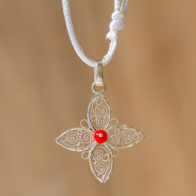 Sterling silver pendant necklace, 'Filigree Spirals' - Sterling Silver Filigree Pendant with Red Crystal Bead
