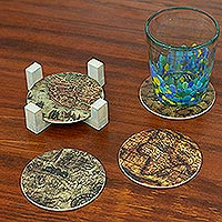 Decoupage wood coasters, 'Old World' (Set of 4) - Pinewood Decoupage Coasters in Holder (Set of 4)