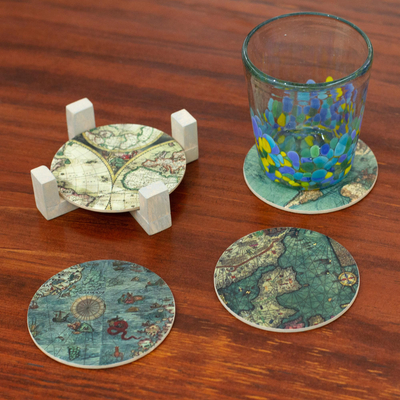 Decoupage wood coasters, 'Old Africa' (set of 4) - Decoupage Coasters and Holder with Africa Maps (Set of 4)