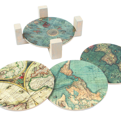 Decoupage wood coasters, 'Old Africa' (set of 4) - Decoupage Coasters and Holder with Africa Maps (Set of 4)
