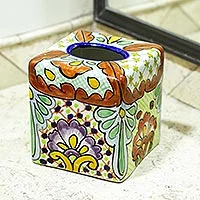 Taschentuchbox-Abdeckung aus Keramik, „Hidalgo Bouquet“ – Taschentuchbox-Abdeckung im Talavera-Stil