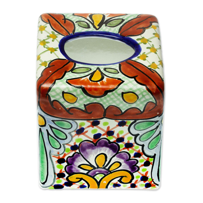 Ceramic tissue box cover, 'Hidalgo Bouquet' - Talavera-Style Tissue Box Cover