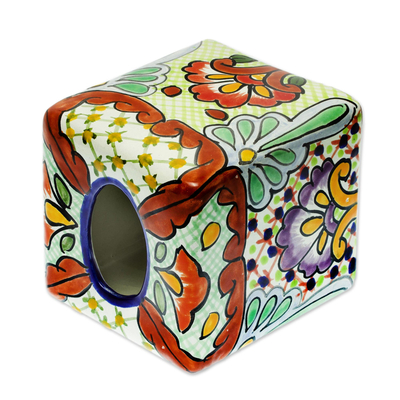 Ceramic tissue box cover, 'Hidalgo Bouquet' - Talavera-Style Tissue Box Cover