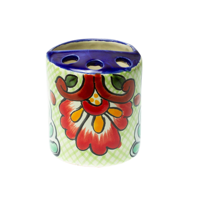 Ceramic toothbrush holder, 'Hidalgo Bouquet' - Green Dominant Talavera Style Toothbrush Holder from Mexico