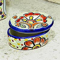 Wattestäbchen-Glas aus Keramik, „Hidalgo Bouquet“ – Wattestäbchen-Glas aus Keramik im Talavera-Stil