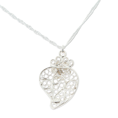 Sterling silver pendant necklace, 'Colonial Heart' - Colonial-Style Sterling Silver Filigree Heart Necklace