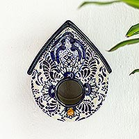 Ceramic birdhouse, 'Blue Nest' - Handmade Talavera-Style Birdhouse