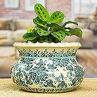 Ceramic flower pot, 'Blue Bohemian Talavera' - Mexican Talavera-inspired Ceramic Hand-painted Flower Pot