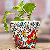 Ceramic flower pot, 'Talavera Floret' - Traditional Mexican Talavera-Style Hand-painted Flower Pot