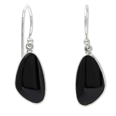 Obsidian dangle earrings, 'Volcanic Triangles' - Obsidian and 950 Silver Dangle Earrings with Hooks