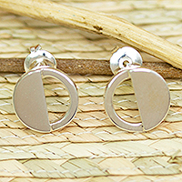 Silver button earrings, 'Penumbra' - 950 Silver Eclipse-Inspired Button Earrings from Mexico