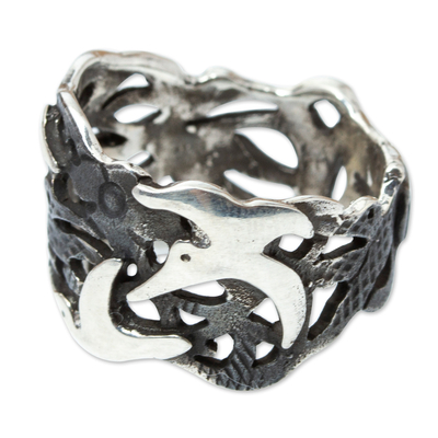Silver band ring, 'Seagulls in Flight' - Taxco 950 Silver Band Ring with Seagulls in Flight