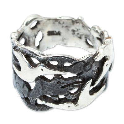 Silver band ring, 'Seagulls in Flight' - Taxco 950 Silver Band Ring with Seagulls in Flight