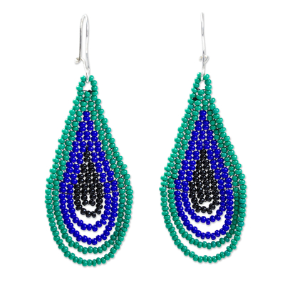 Glass bead dangle earrings, 'Rain Forest Drops' - Green and Blue Drop-Shaped Beaded Earrings from Mexico