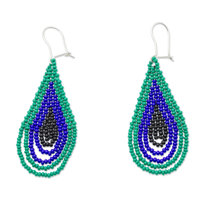 Glass bead dangle earrings, 'Rain Forest Drops' - Green and Blue Drop-Shaped Beaded Earrings from Mexico