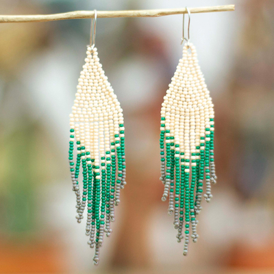 Beaded waterfall earrings, 'Falling Emeralds' - Beige and Green Glass Beaded Waterfall Earrings