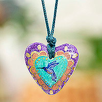 Papier mache pendant necklace, 'Purple Hummingbird Heart' - Hand Painted Heart Shaped Hummingbird Pendant Necklace