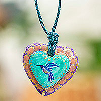 Papier mache pendant necklace, 'Framed Hummingbird Heart' - Hand Painted Heart Shaped Hummingbird Pendant Necklace