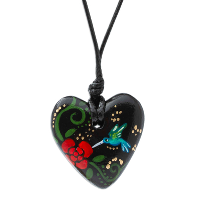 Papier mache pendant necklace, 'Night Hummingbird Heart' - Hand Painted Heart Shaped Hummingbird Pendant Necklace