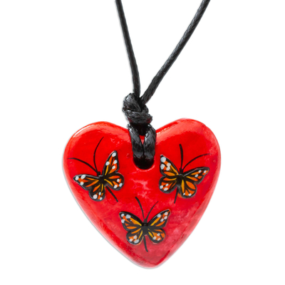 Hand Painted Heart Shaped Monarch Pendant Necklace