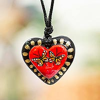 Papier mache pendant necklace, 'Monarch Season' - Papier Mache Monarch Butterfly Pendant Necklace in Red