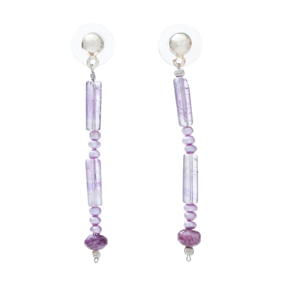 Pendientes colgantes con cuentas de amatista y perlas cultivadas - Pendientes de perlas cultivadas lilas y amatistas