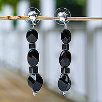 Onyx and hematite beaded dangle earrings, 'Black Magic' - Dangle Earrings with Onyx and Hematite