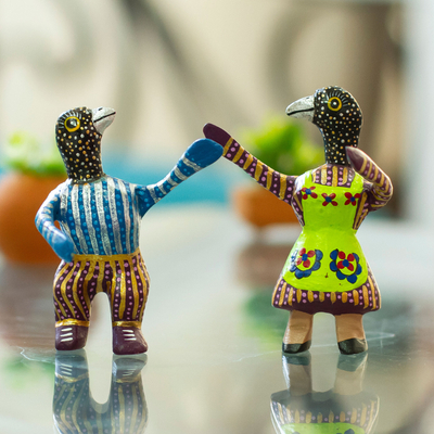 Wood alebrije figurines, 'Dancing Mockingbirds' (pair) - Hand-Painted Bird Alebrijes from Mexico (Pair)
