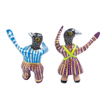Wood alebrije figurines, 'Dancing Mockingbirds' (pair) - Hand-Painted Bird Alebrijes from Mexico (Pair)