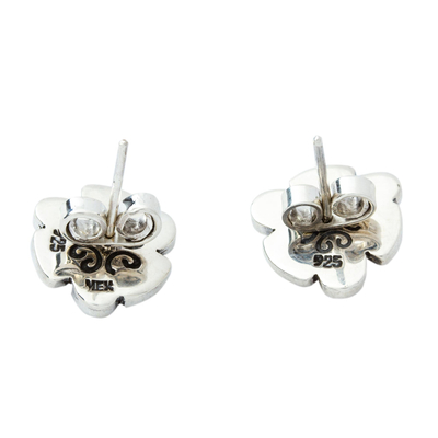 Sterling silver button earrings, 'Mesoamerican Flower' - Artisan Crafted Sterling Button Earrings