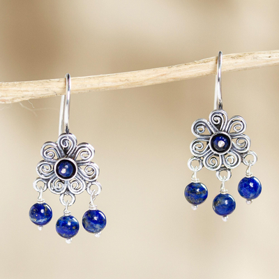 Lapis lazuli dangle earrings, 'Motion in Blue' - Handcrafted Lapis Lazuli Earrings