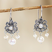 Cultured pearl dangle earrings, 'Motion in White' - Artisan Handmade Cultured Pearl Earrings