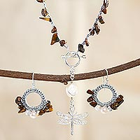 Cultured pearl and tiger's eye jewelry set, 'Precious Dragonfly' - Tiger's Eye and Cultured Pearl Jewelry Set