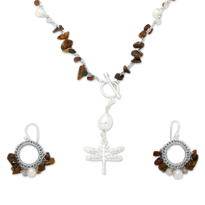 Cultured pearl and tiger's eye jewellery set, 'Precious Dragonfly' - Tiger's Eye and Cultured Pearl jewellery Set
