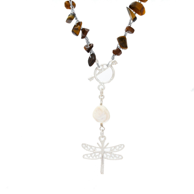 Cultured pearl and tiger's eye jewelry set, 'Precious Dragonfly' - Tiger's Eye and Cultured Pearl Jewelry Set