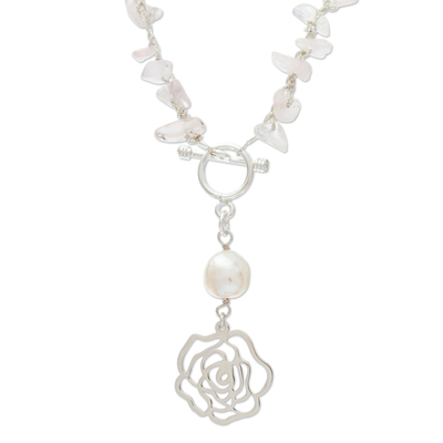 Rose quartz and cultured pearl jewelry set, 'Essence of Femininity' - Handmade Gemstone Necklace and Earrings