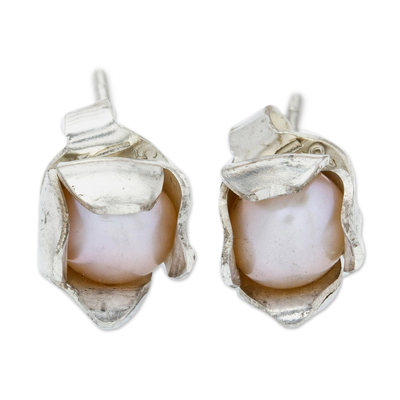 Cultured pearl stud earrings, 'Bud of Life' - Artisan Crafted Cultured Pearl Stud Earrings