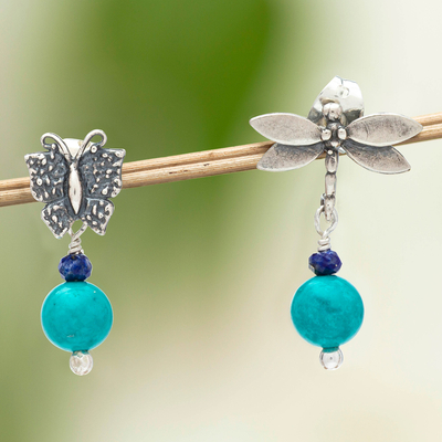 Lapis lazuli dangle earrings, 'Garden Companions' - Sterling Butterfly and Dragonfly Earrings